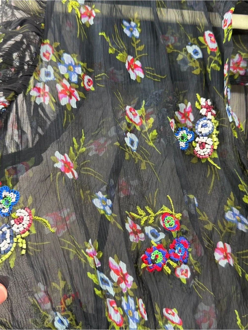 Free People Sheer Black Floral Tie-Neck Blouse beaded and embroidered size small
